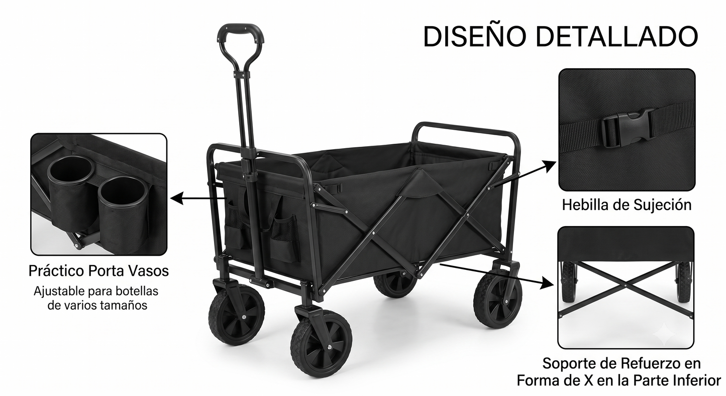 Carro Camping Plegable Negro con 4 Rueda