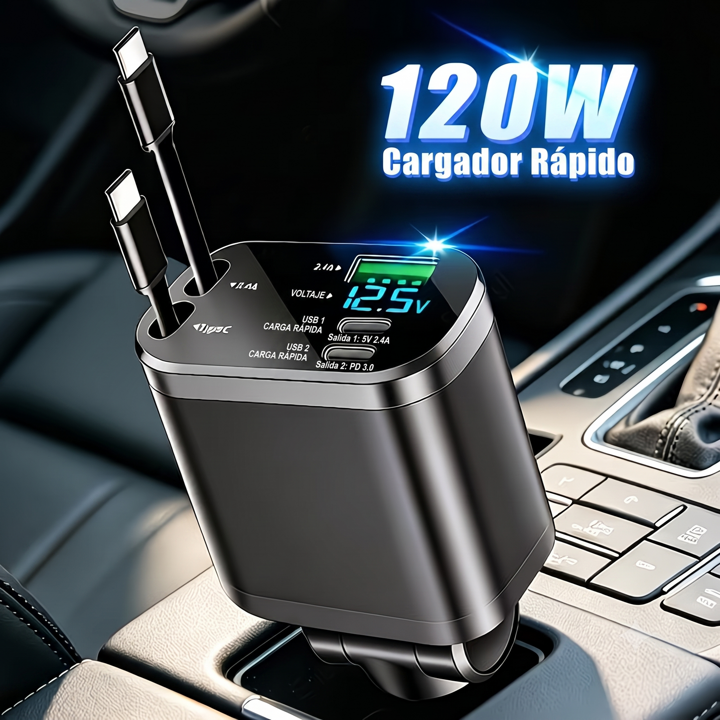 J - CARGADOR DE AUTO 4 EN 1 - 120W
